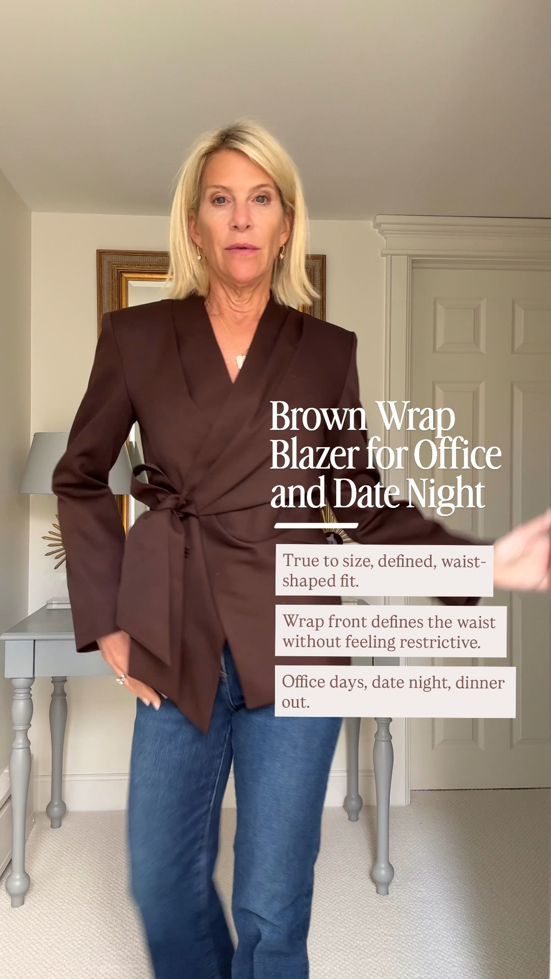 I honestly wasn’t sold on this brown blazer at first. Then I tried it on, and completely changed my mind.

The wrap front brings the waist in beautifully, while the lapel-free neckline gives it a softer, more feminine feel. It adds shape without looking overly structured, and it works just as easily with jeans as it does with work trousers.

👩‍💻 LTK PRO TIPS
❤️ Heart = Support my posts ;-)
🔖 Save = Get sale & restock alerts for the things you love!
📋 Lists = Keep favorites organized (List ideas: Christmas, Birthdays, and Vacations!)
📲 Share = Send lists and products to a friend (or your daughters like me).
💬 Comment = Ask me anything, and I’ll answer. ;-)

#LTKootd #LTKSeasonal #LTKOver40