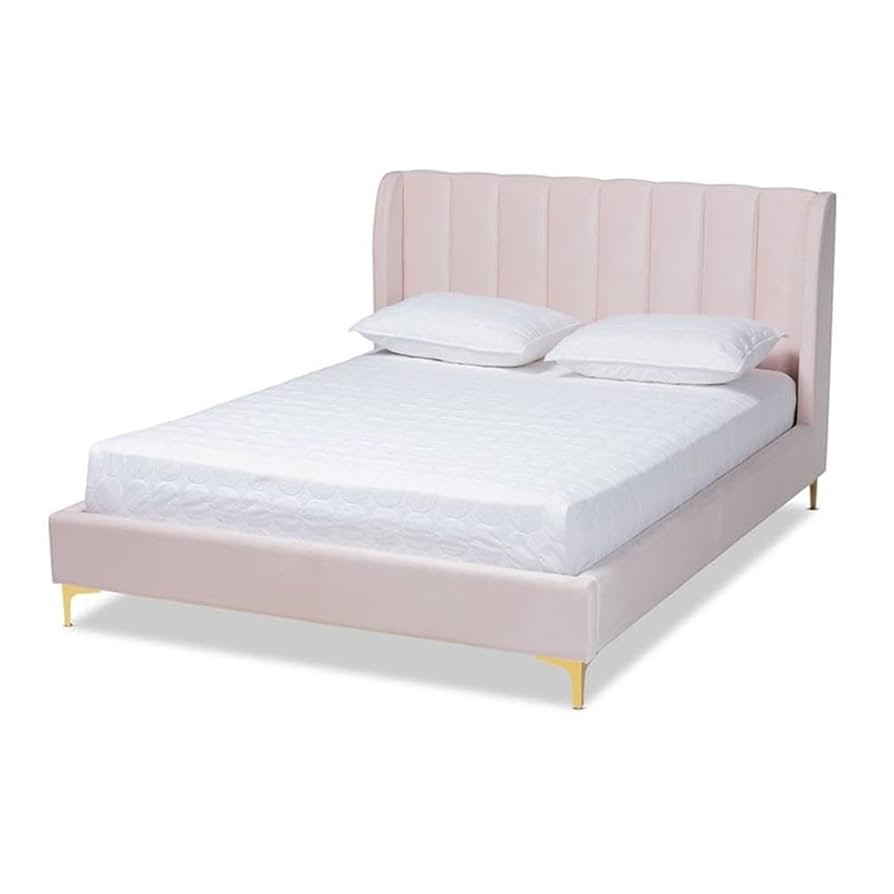 Baxton Studio Saverio Modern Velvet Upholstered Queen Platform Bed in Light Pink | Amazon (US)