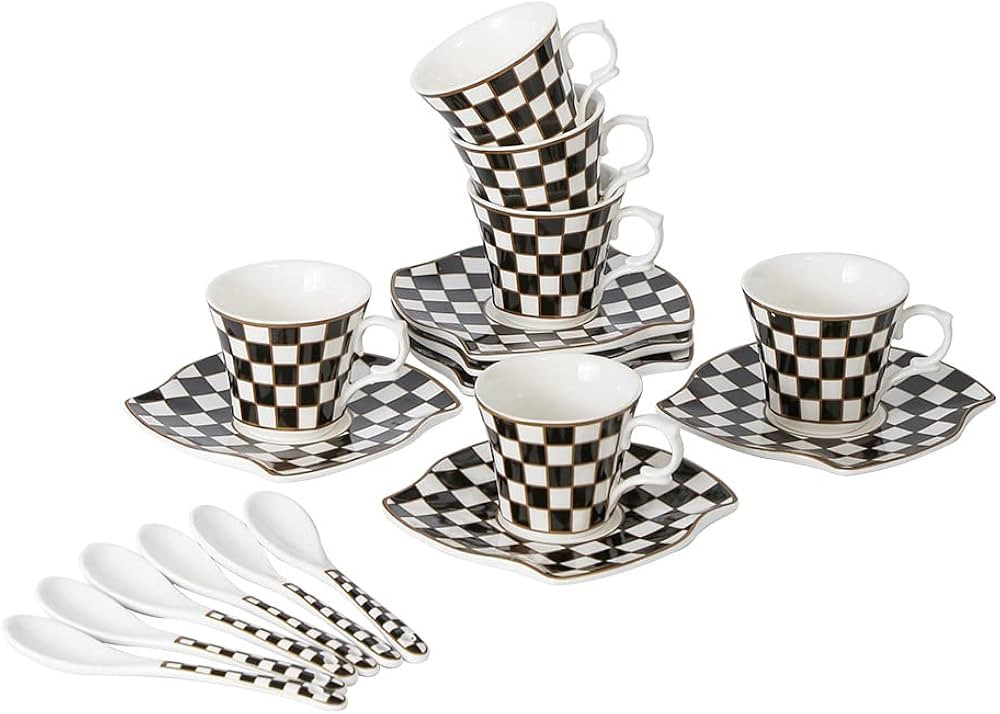 Porlien Checker Porcelain 2-ounce Espresso Cups and Saucers Set of 6, Demitasse Cups and Saucers ... | Amazon (US)