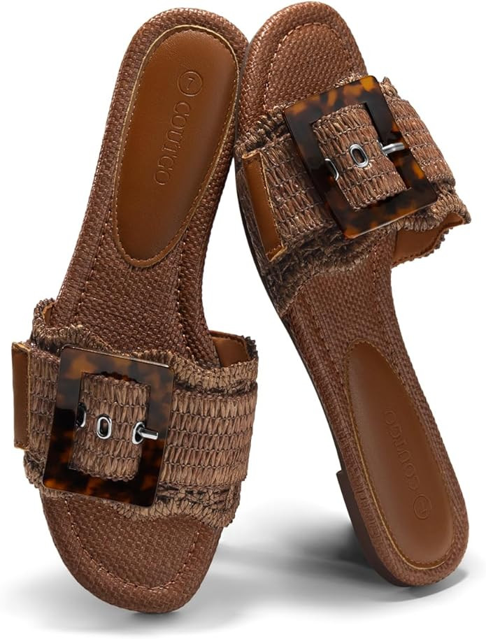 Coutgo Womens Flat Sandals Raffia Slip On Slide Sandal Square Open Toe Buckle Summer Beach Shoes ... | Amazon (US)