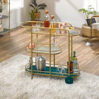 SAUDER Coral Cape Satin Gold Bar Cart with Glass Shelves 424014 - The Home Depot | The Home Depot