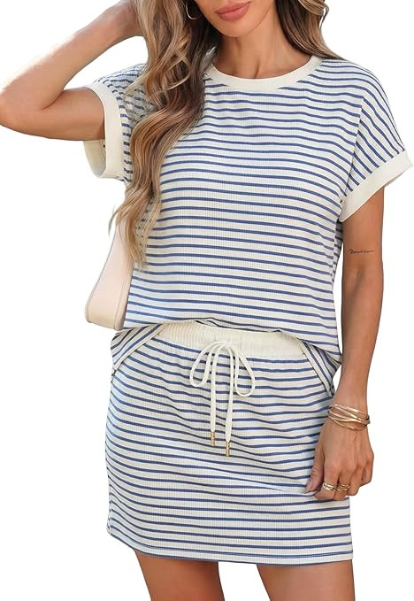 ZAFUL Womens Striped Short Sleeve Skirt Sets Crewneck Colorblock 2 Piece Outfits Drawstring Pajam... | Amazon (US)