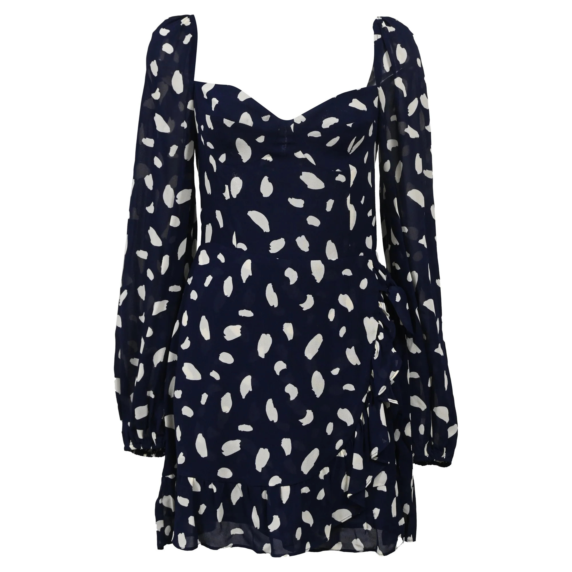 Reformation Cammi Polka-Dot Crepe Mini Dress in Navy Blue Viscose | Shop Simon