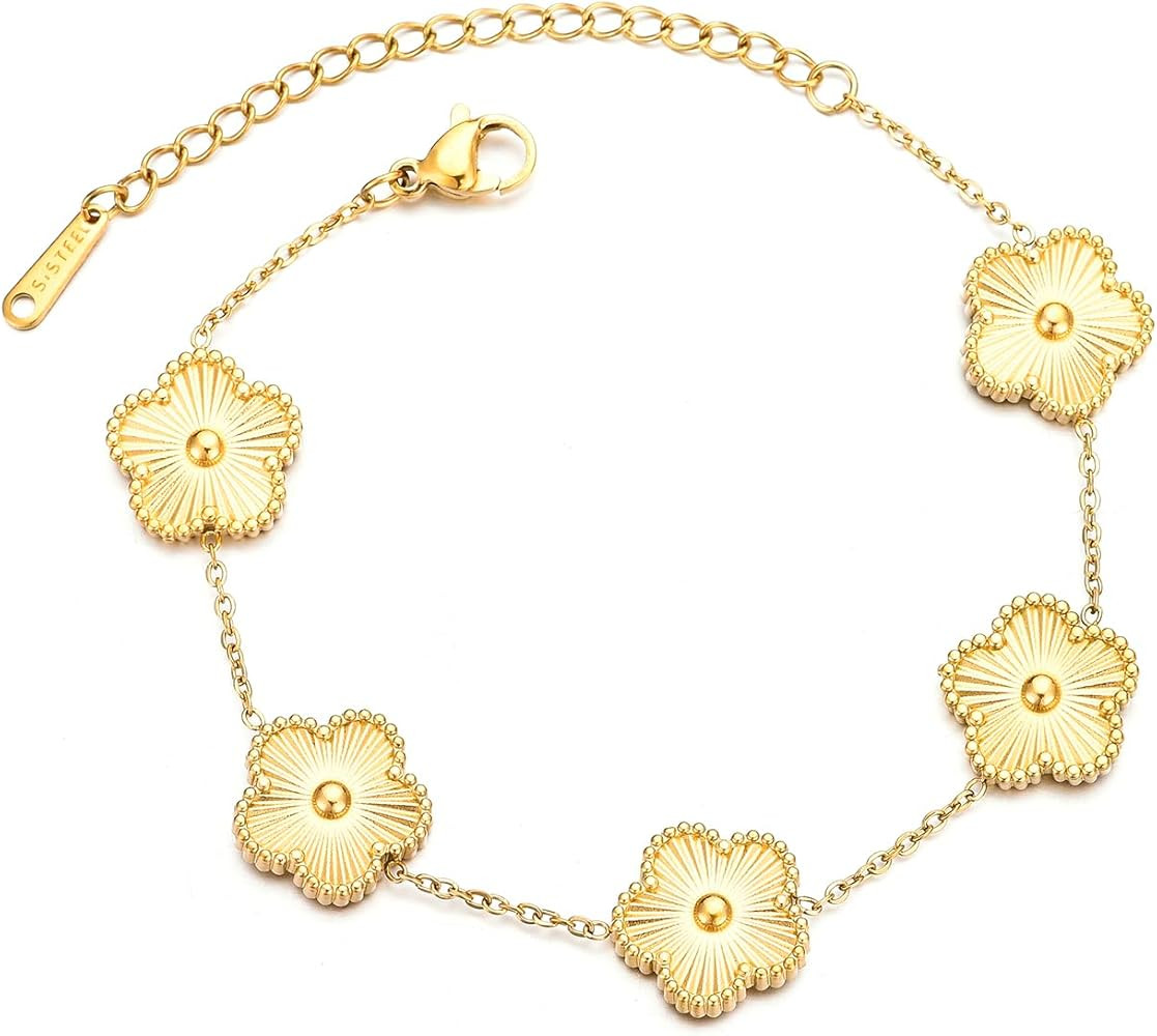 Four Leaf Clover Bracelet for Women 14K Gold and White Gold Plated Stainless Steel with CZ Lucky ... | Amazon (US)