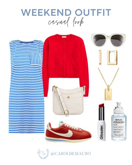 Stay warm and cozy with this casual weekend look! A striped blue midi dress paired with a red sweater, sneakers, white shouldber bag, and more!
#comfyoutfit #shoeinspo #petitefashion #onthegolook

#LTKStyleTip #LTKItBag #LTKShoeCrush