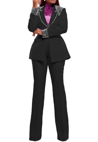 Womens Pants Suits Sets 2 Piece Outfits Business Dressy Pearls Blazers and Flared Pant Suit Set Black | Amazon (US)