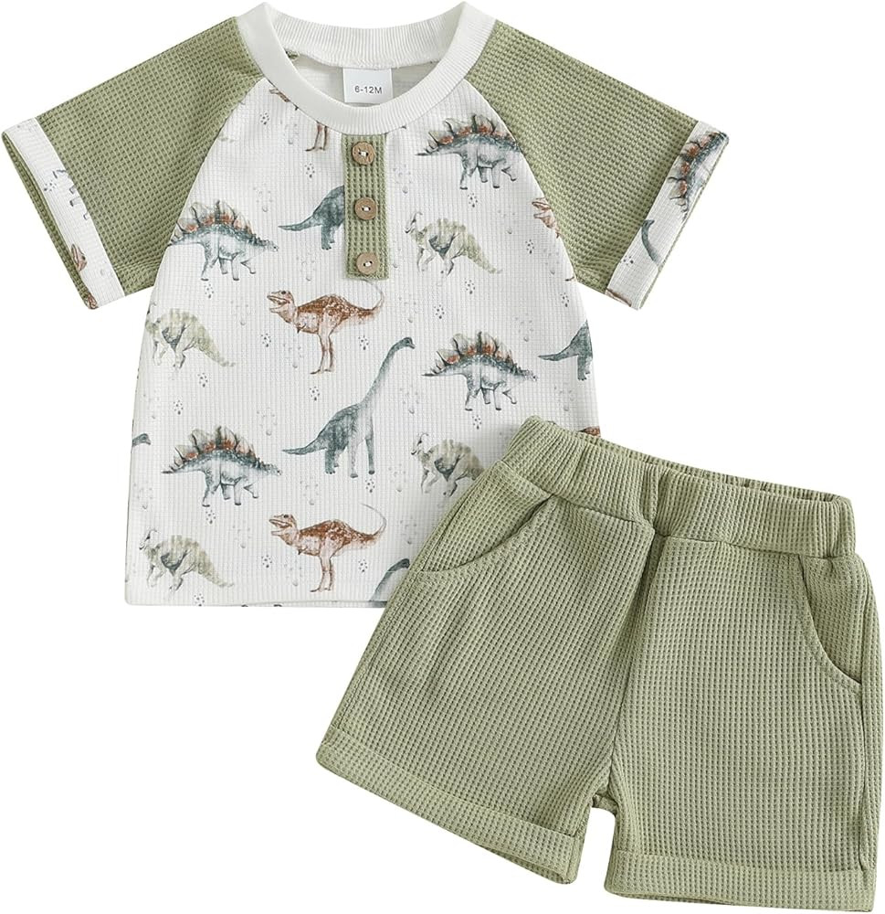 FOMOYUU Toddler Baby Boy Summer Clothes Waffle Outfits Dinosaurs Print Short Sleeves T-Shirt 2 Pi... | Amazon (US)