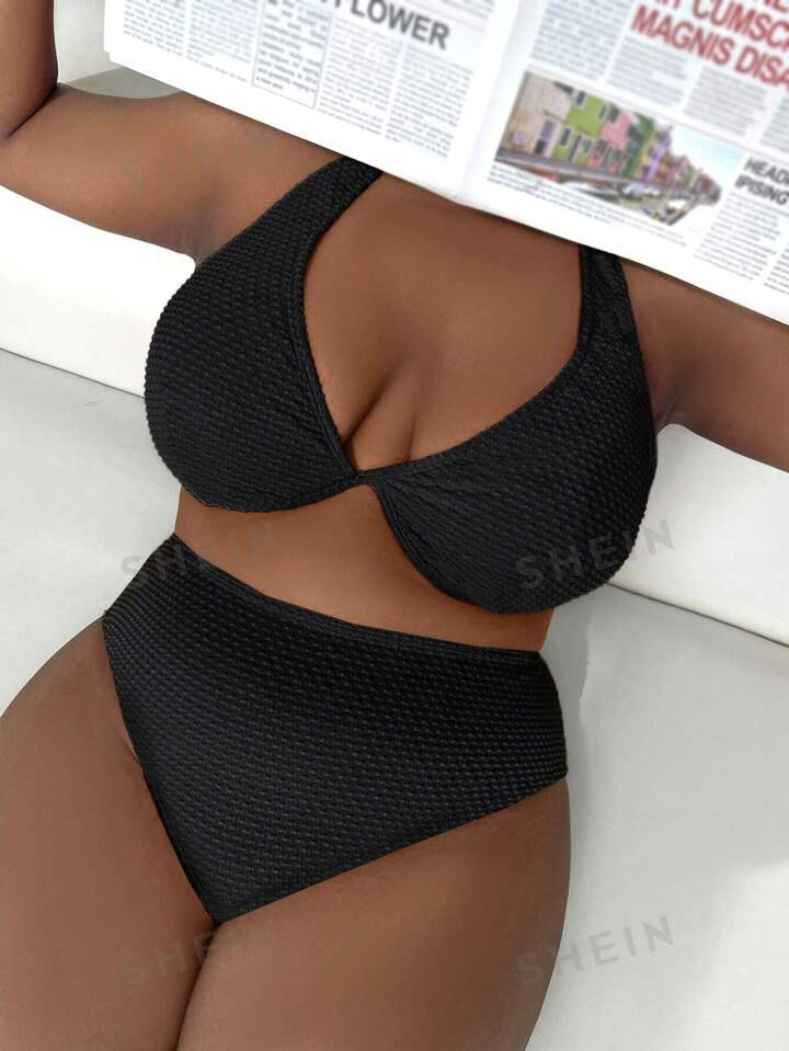 SHEIN SHEIN Swim Basics Plus Twist Front High Waisted Bikini Swimsuit | SHEIN