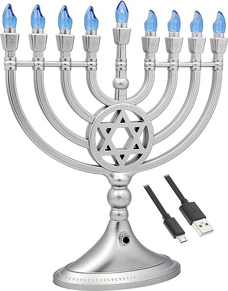 Traditional LED Electric Silver Hanukkah Menorah - Battery or USB Powered - Includes a Micro USB ... | Amazon (US)
