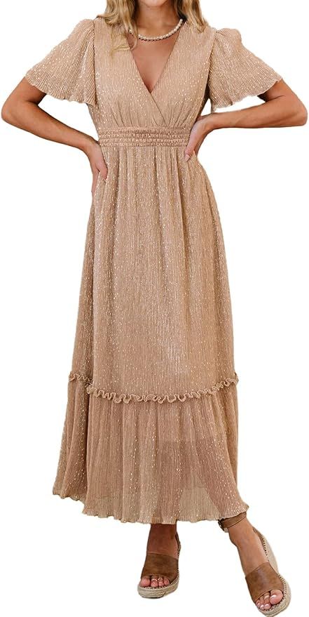 Amegoya Women's Fall Wedding Guest Maxi Dress Wrap V Neck Glitter Long Dress Flutter Sleeve Spark... | Amazon (US)
