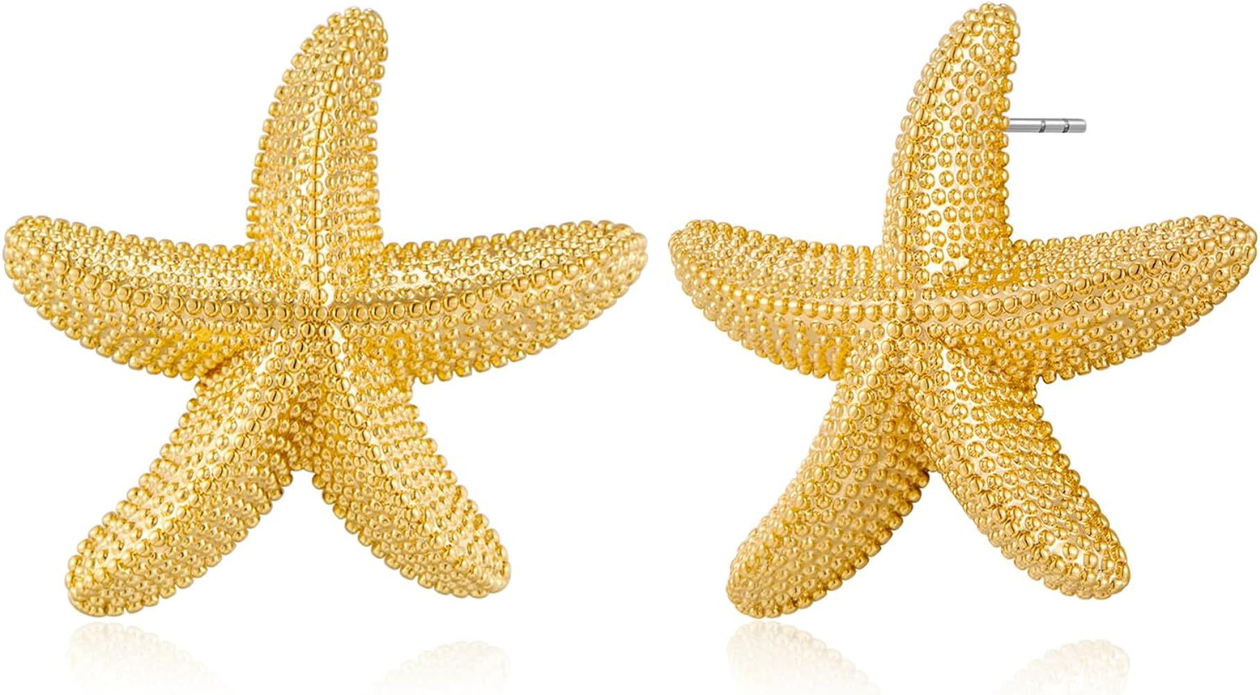 WOWORAMA Chunky Gold Stud Earrings for Women Gold Seashell Starfish Earrings Vintage Boho Ocean S... | Amazon (US)