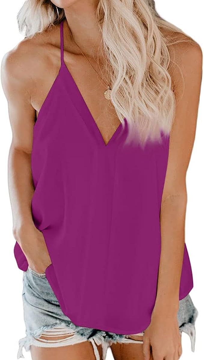 FOROLAV Women's V Neck Tank Tops Chiffon Cami with Adjustable Spaghetti Straps | Amazon (US)