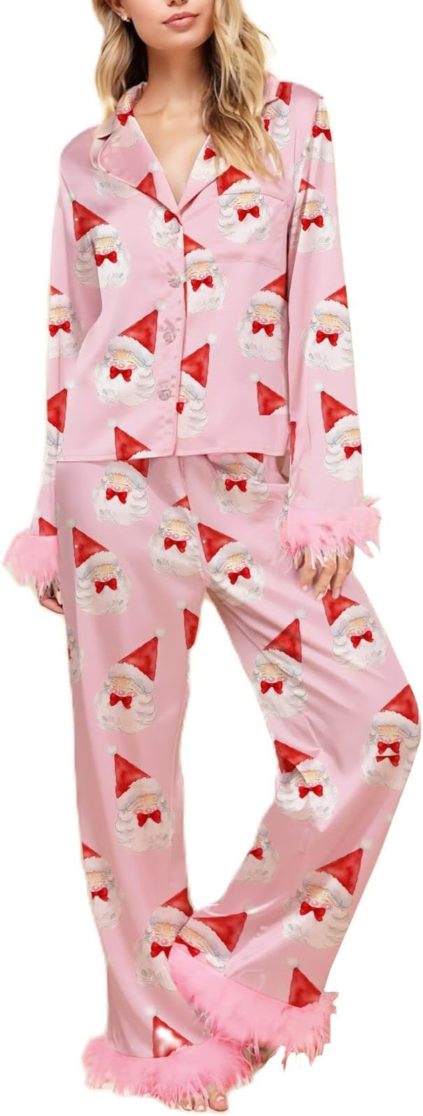 Awoscut Womens Christmas Silk Pajamas Long Sleeve Feather Trim Button Down Shirt and Pants 2 Piec... | Amazon (US)