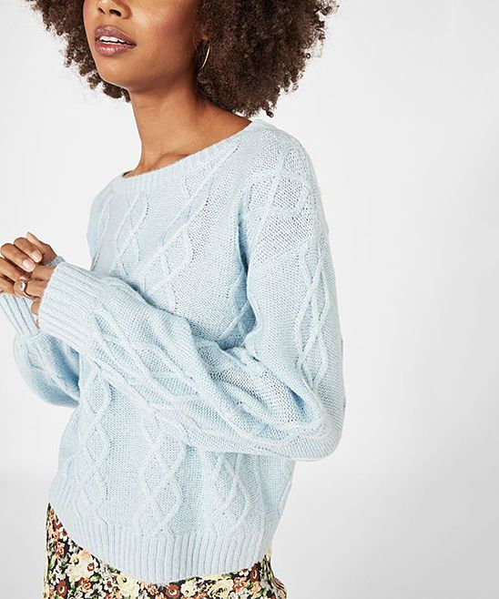 JustFab Women's Pullover Sweaters DUSTY - Dusty Blue Cable Knit Balloon-Sleeve Sweater - Women | Zulily