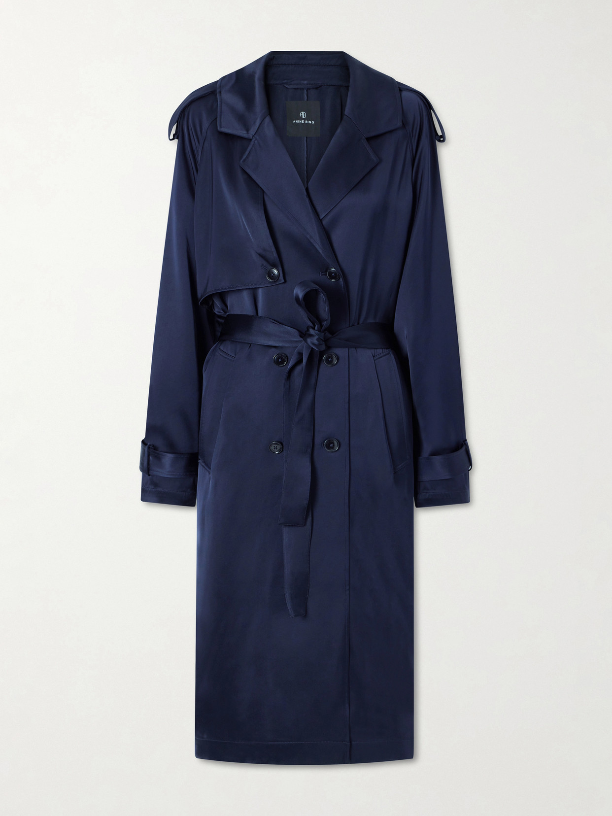 Anine Bing - Rickie Double-breasted Belted Satin Trench Coat - Blue | NET-A-PORTER (US)