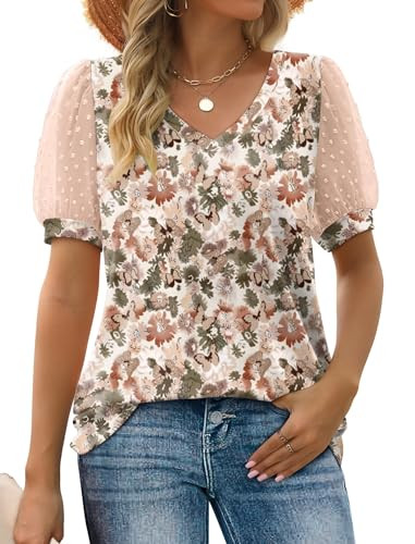 Aokosor Womens Summer Tops V Neck T Shirts Swiss Dot Puff Sleeve Tops Loose Casual Tshirts | Amazon (US)