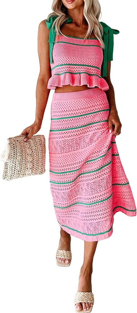 Seyumixi Women Crochet Knit 2 Piece Vacation Outfits Sleeveless Striped Tie Shoulder Tank Top Bod... | Amazon (US)