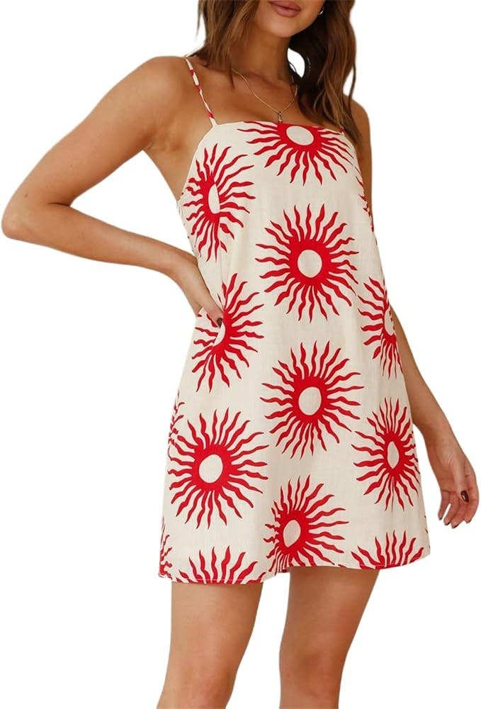 Muineobuka Women Boho Graffiti Cami Mini Dress Spaghetti Strap Colorful Flowy Seashell Fish Print... | Amazon (US)