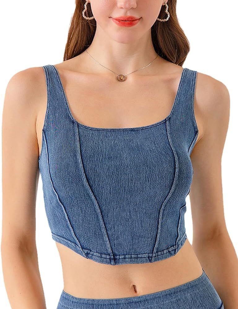 Women’s Slim Cropped Denim Vest Stretchy Scoop Neck Pullover Jean Sports Bra Tank Top | Amazon (US)