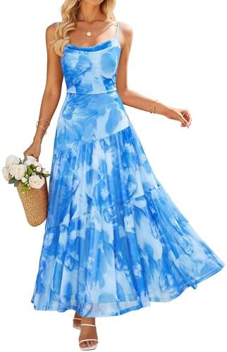 ZESICA Women's Summer Floral Sleeveless Maxi Dress 2026 Boho Mesh Spaghetti Strap Flowy Beach Wed... | Amazon (US)