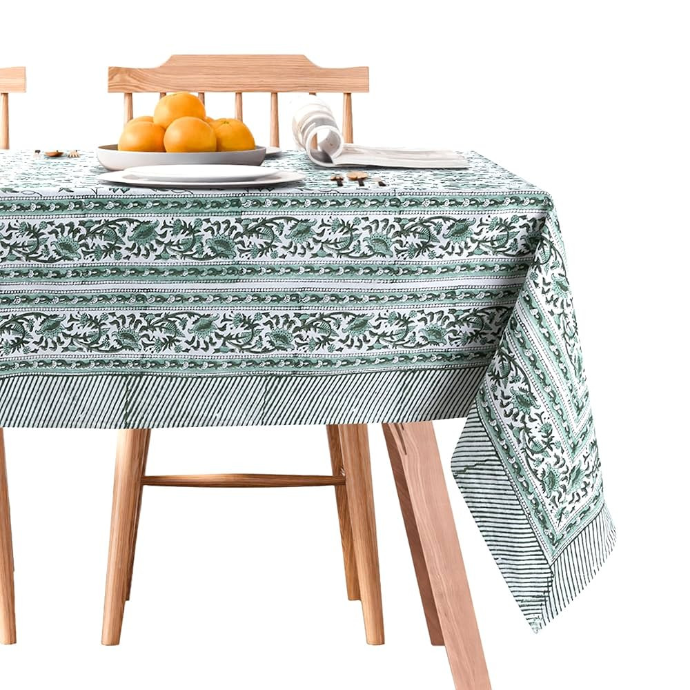 Block Print Tablecloth - 6 Seater Rectangle 60x90 Inch - Green Floral 100% Cotton Linen - Spring ... | Amazon (US)
