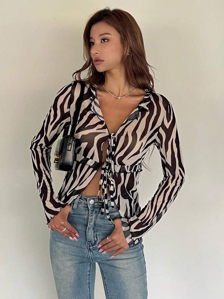 DAZY Zebra Striped Print Knot Front Crop Top Y2k Festival Sheer Long Sleeve Top | SHEIN
