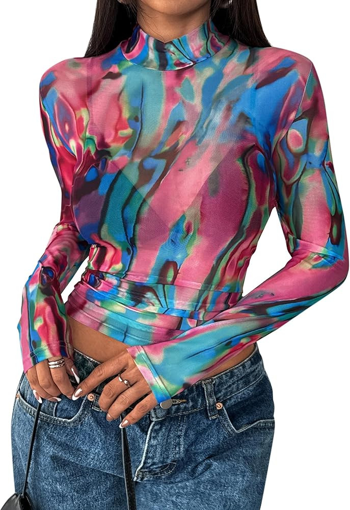 Remidoo Womens Sexy Sheer Mesh Long Sleeve Tops Round Neck Fitted T Shirt | Amazon (US)