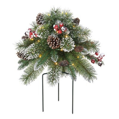 18"" Pre-lit Snowy Artificial Urn Filler with Pinecones & Berries Warm White LED Lights - Puleo