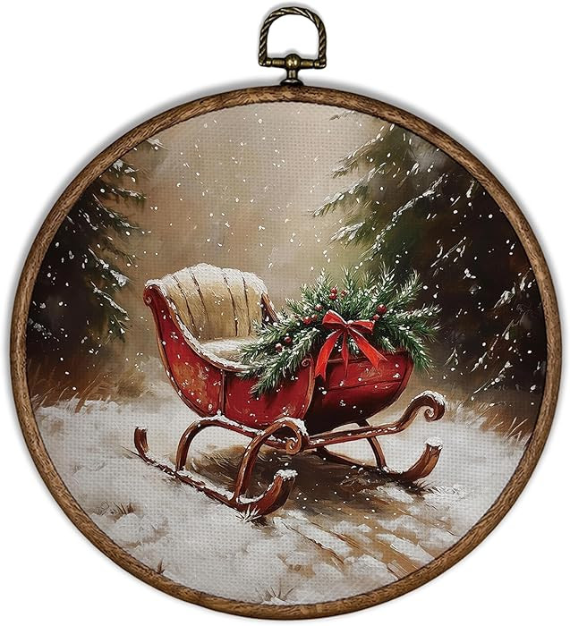 XBBMGG Winter Christmas Red Sleigh Wall Art Decor, Farmhouse Christmas Round Wall Hanging Decor, ... | Amazon (US)