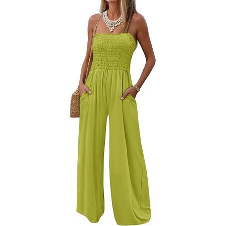 ECDAHICC Women's Strapless Tube Top Rompers Casual Off Shoulder Solid Color Belted Wide Leg Jumps... | Amazon (US)