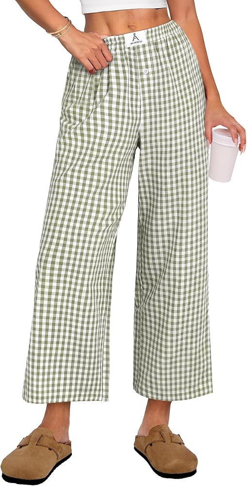 ANRABESS Womens Gingham Striped Pants, Palazzo & Cropped, Comfy & Cute, Lounge Pajama Plaid PJ Bo... | Amazon (US)