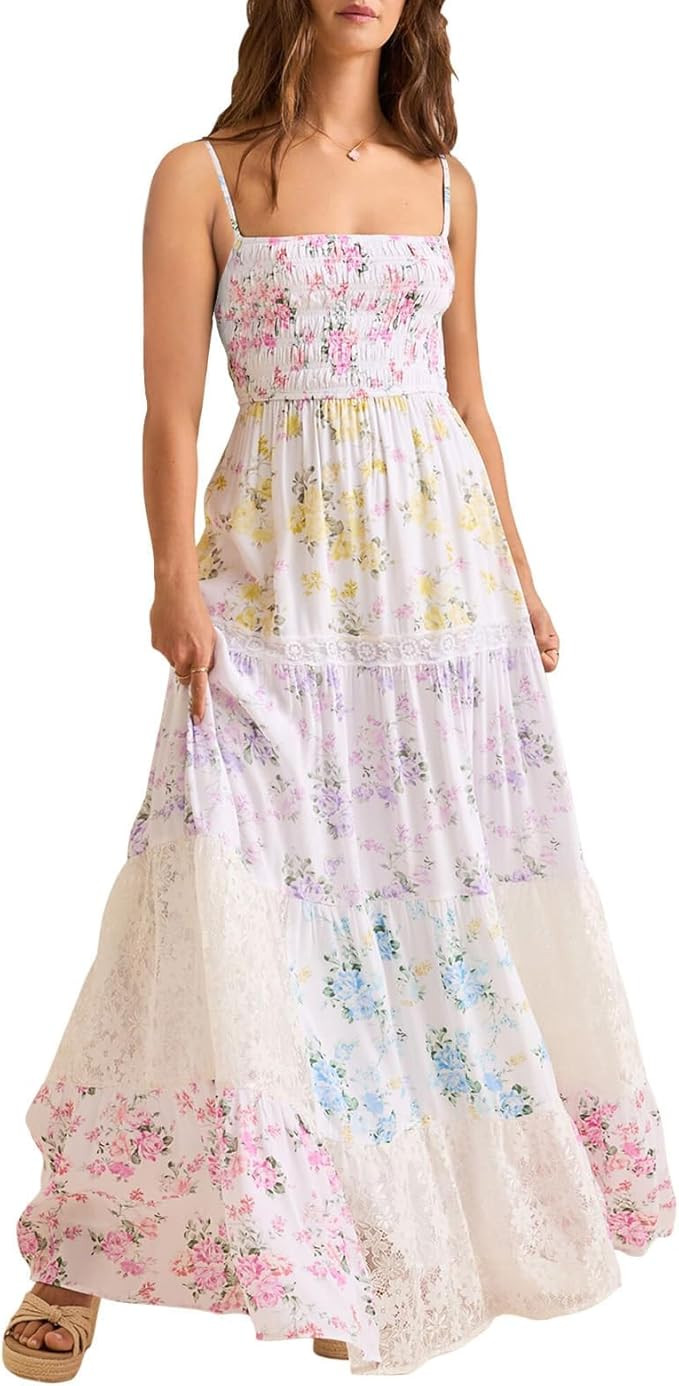 ABYOVRT Women Floral Maxi Dress Smocked Spaghetti Strap Lace Patchwork Tiered Boho Long Dress Vac... | Amazon (US)