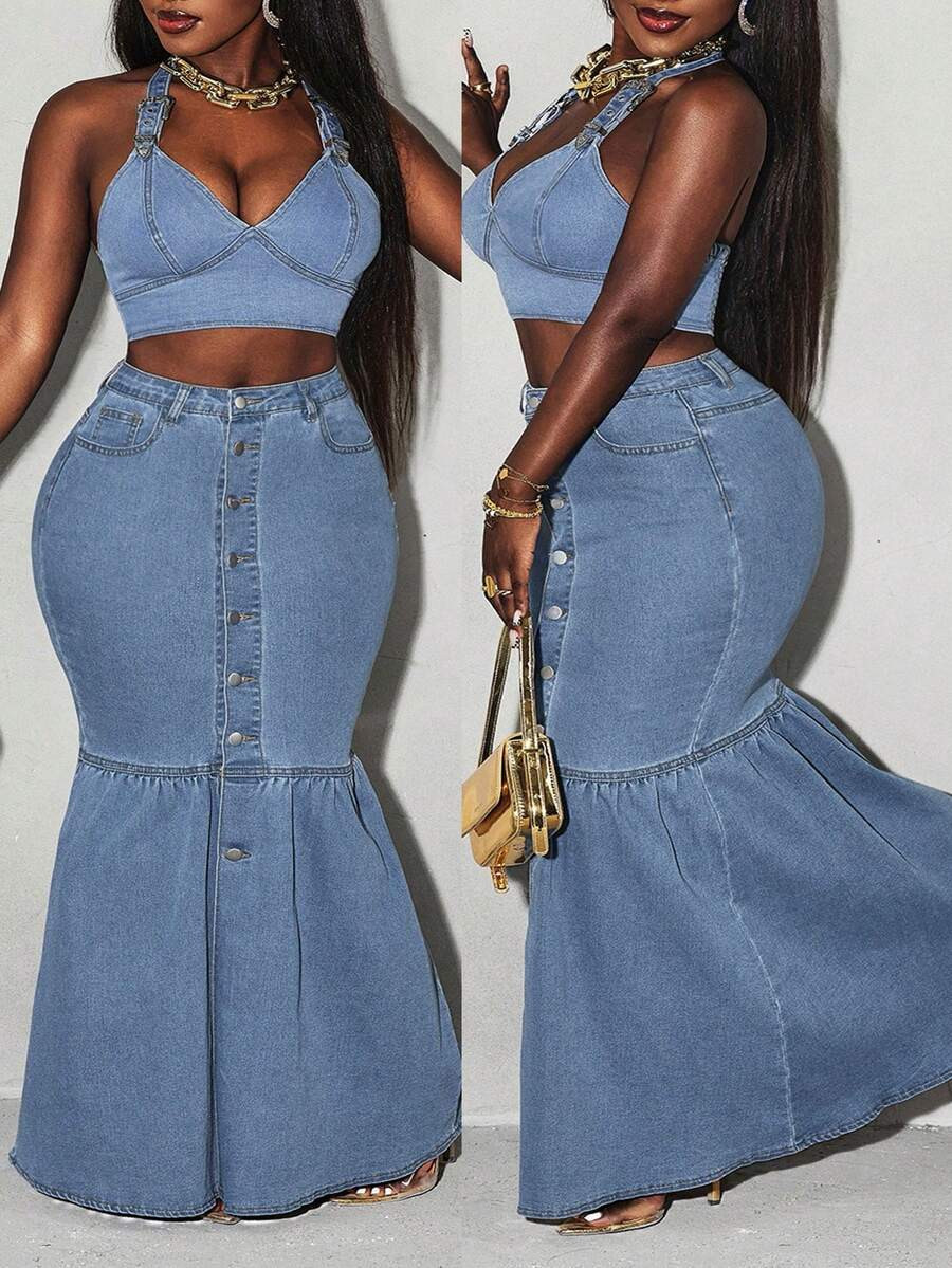 Slaydiva Plus Size Solid Color Casual Denim Skirt | SHEIN