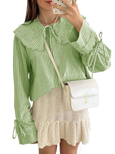 Tankaneo Womens Peter Pan Collar Shirts Long Bell Sleeve Tie Front Tops Vertical Striped Button D... | Amazon (US)