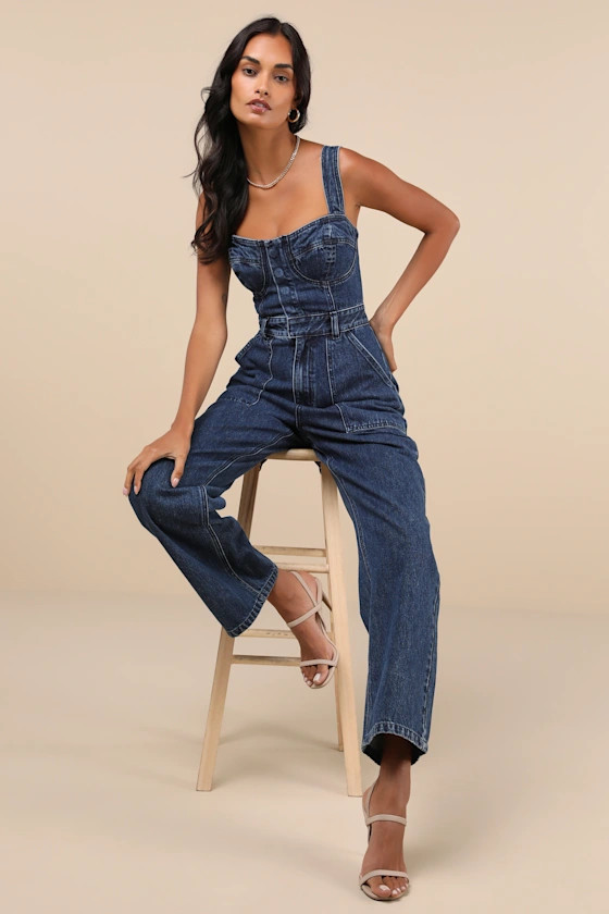Fresh Perfection Dark Wash Bustier Sleeveless Denim Jumpsuit | Lulus