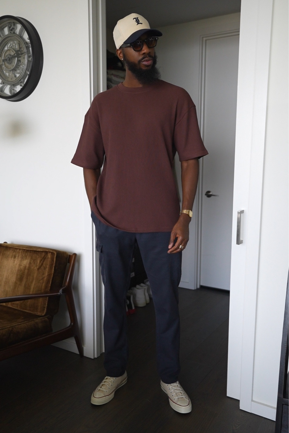Navy Blue and Brown fall color combination t-shirt and sneakers  outfit. Link to all pieces down below ⬇️.

#LTKmens