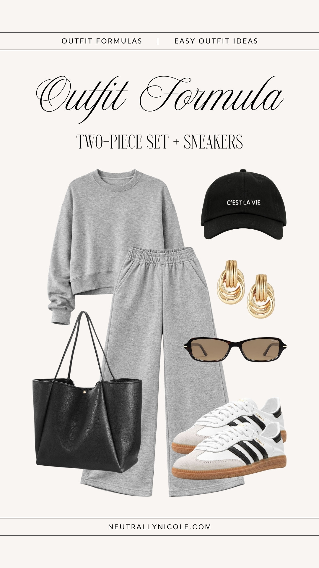 Outfit formulas for easy everyday outfits ft capsule wardrobe staples | casual outfit, amazon two piece set outfit, monochrome outfit, sweatpants outfit, spring outfit, brunch outfit, errands outfit, coffee outfit, travel outfit, airport outfit, adidas sambas decon sneakers, neutral outfit, neutral style, amazon fashion // Neutrally Nicole, @neutrallynicole, neutrallynicole.com 

 #LTKootd #LTKSaleAlert #LTKTravel