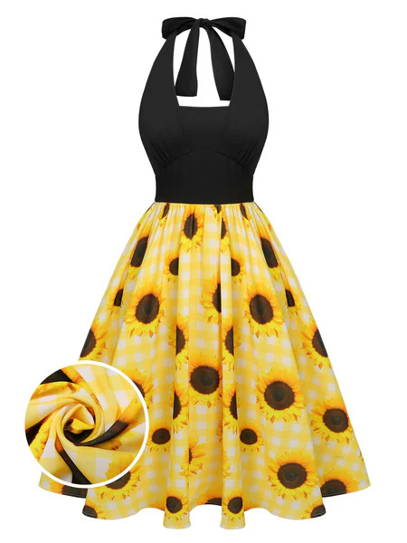 Yellow 1950s Sunflower Plaid Halter Dress | Retro Stage