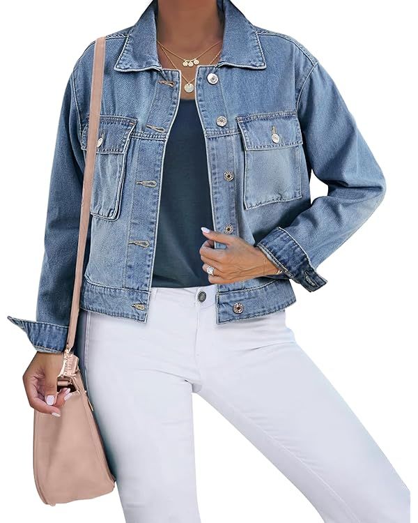 luvamia Denim Jacket for Women Cargo Pocket Lightweight Cropped Jean Jackets Oversized Trucker Sh... | Amazon (US)