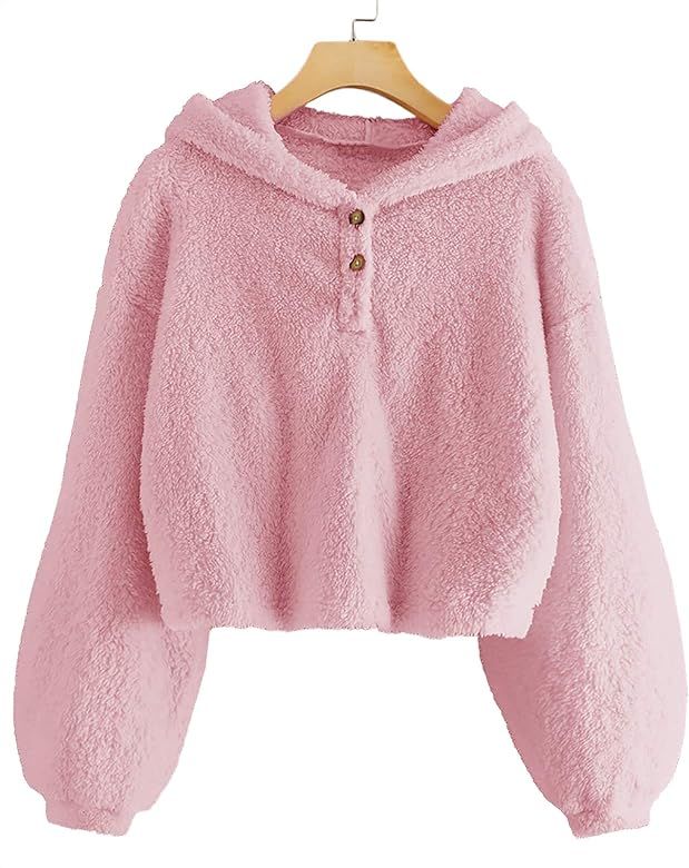 GAMISOTE Kids Girl's Fuzzy Hoodies Warm Loose Button Down Pullover Sherpa Jacket Top | Amazon (US)