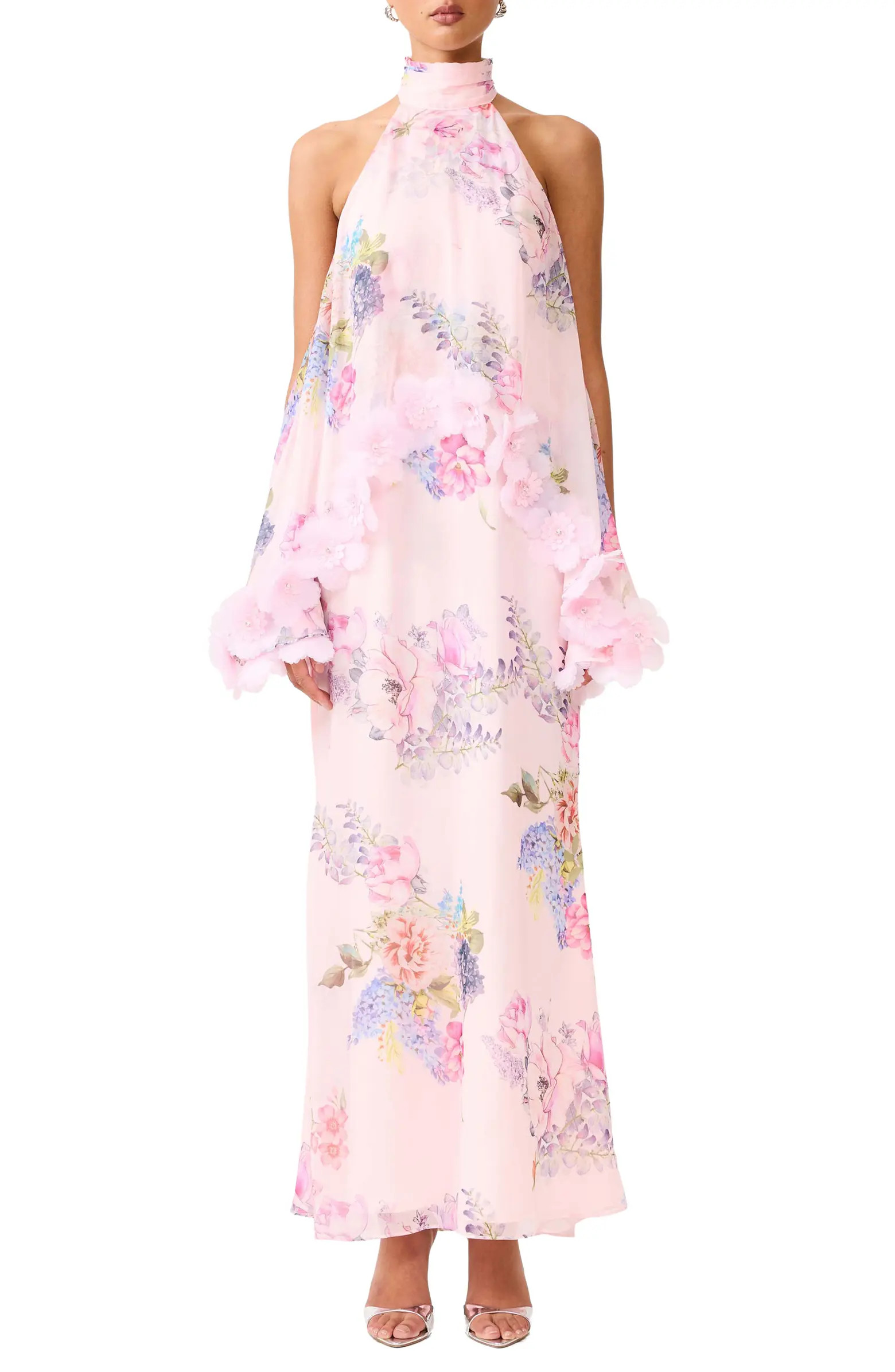 Millie Floral Appliqué Tiered Halter Neck Gown | Nordstrom