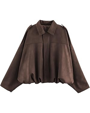 Womens Faux Suede Bomber Jacket Casual Lightweight Batwing Long Sleeve Oversized Coat Streetwear ... | Amazon (US)