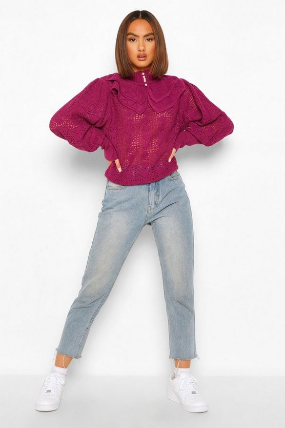 Pointelle Pearl Collar Puff Sleeve Jumper | Boohoo.com (US & CA)