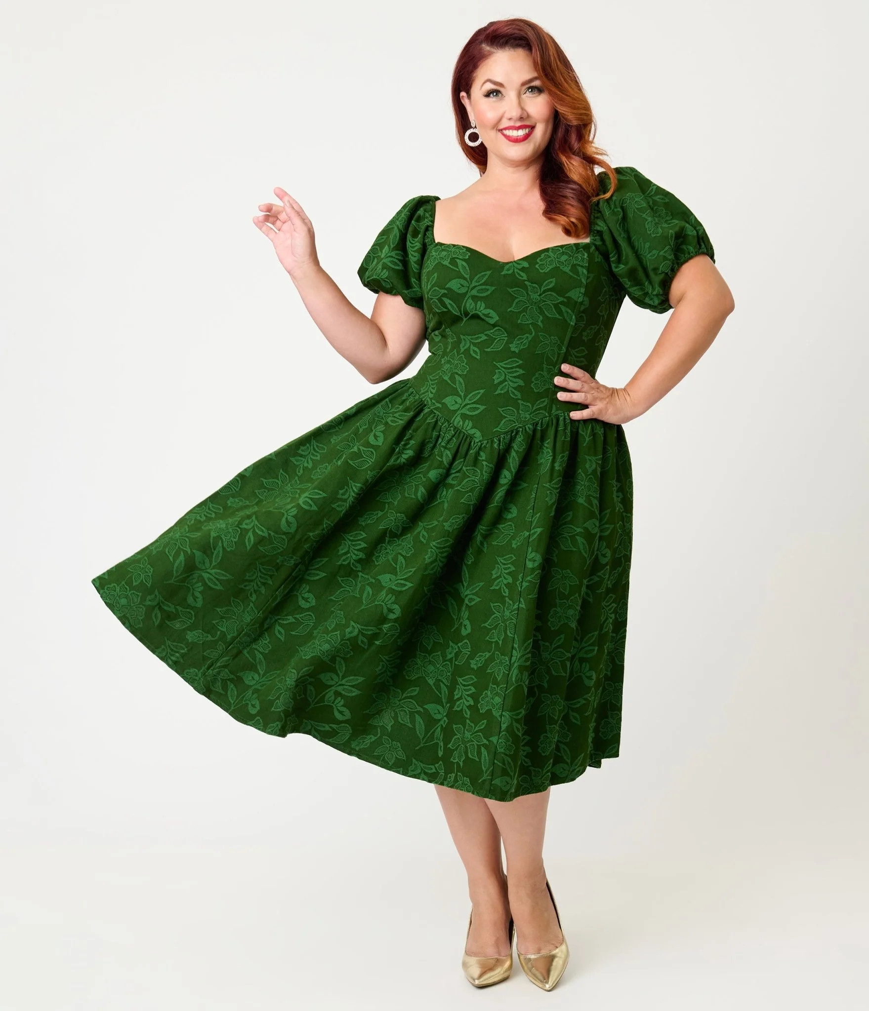 Smak Parlour Plus Size Green Floral Brocade Swing Dress | UniqueVintage
