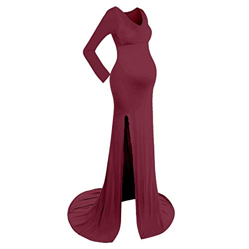 Maternity Off Shoulder V Neck Wraped Photography Photoshoot Loungewear Dress Maxi Baby Shower Dress Fancy Wedding Holiday Beach Party Costume Mother Gift Split-Wine red M | Amazon (US)