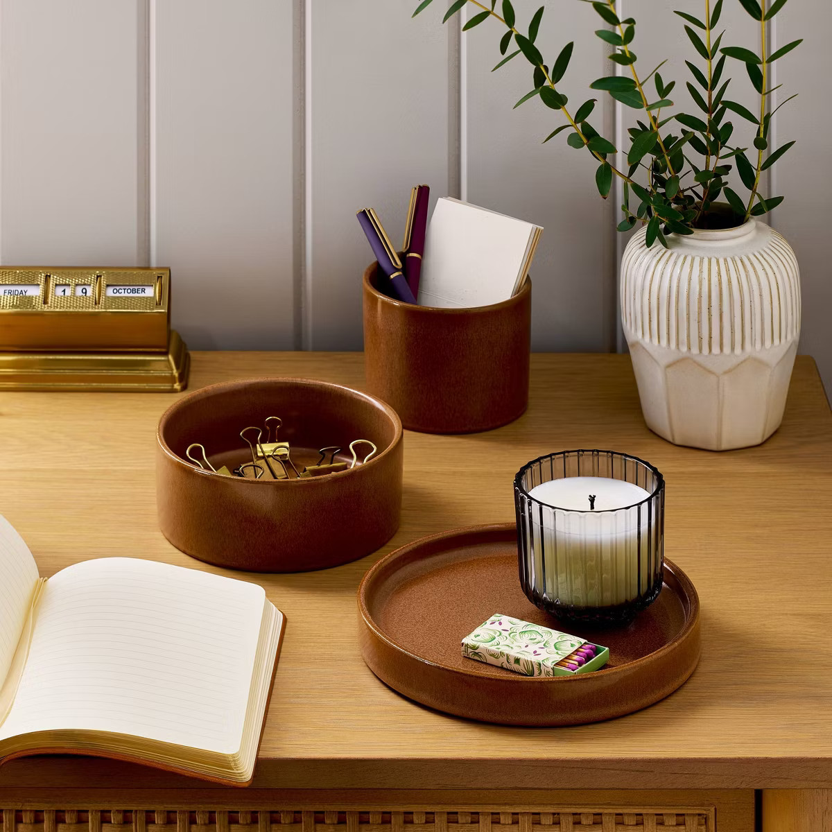 3pc Decorative Ceramic Crock/Bowl/Tray Set Pumpkin Brown - Hearth & Hand™ with Magnolia | Target