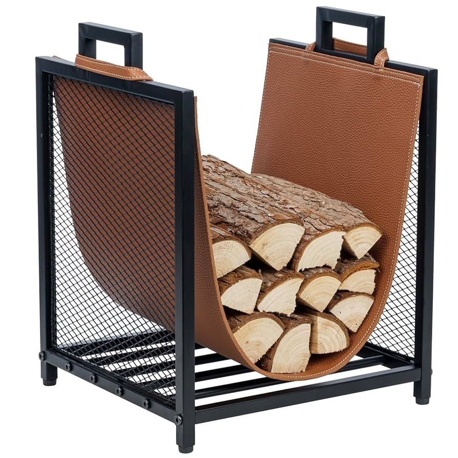 MyGift Modern Black Metal Firewood Stand Log Holder with Brown Leatherette Wood Sling, Wire Mesh ... | Amazon (US)