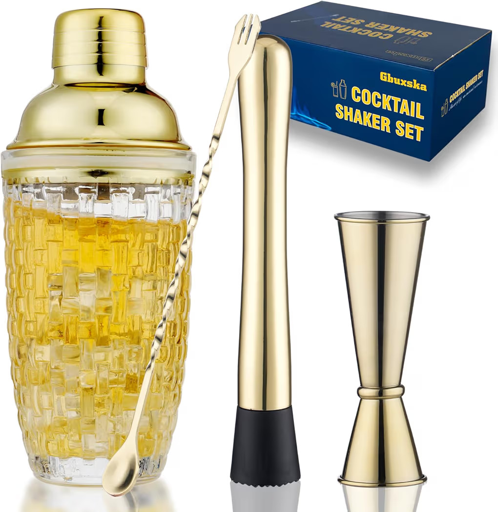 Gold Cocktail Shaker Set - Glass Cocktail Shaker with Strainer - Martini Shaker Set -Matching Coc... | Amazon (US)