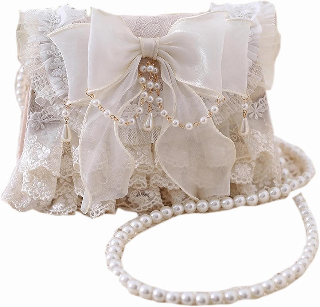 Lolita Girls White Lace Bowknot Handbag Women's Lace Shoulder Bag Pearl Straps Crossbody Bag | Amazon (US)