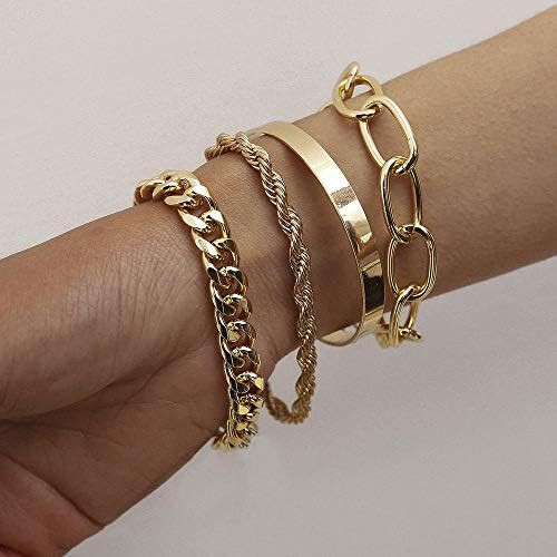 fxmimior Dainty Boho Gold Silver Chain Bracelets Set for Women Adjustable Fashion Beaded Chunky Flat | Amazon (US)